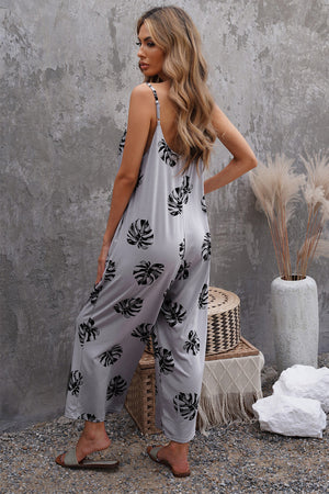 Gray Palm Leaves Print Spaghetti Strap Wide Leg jumpsuit