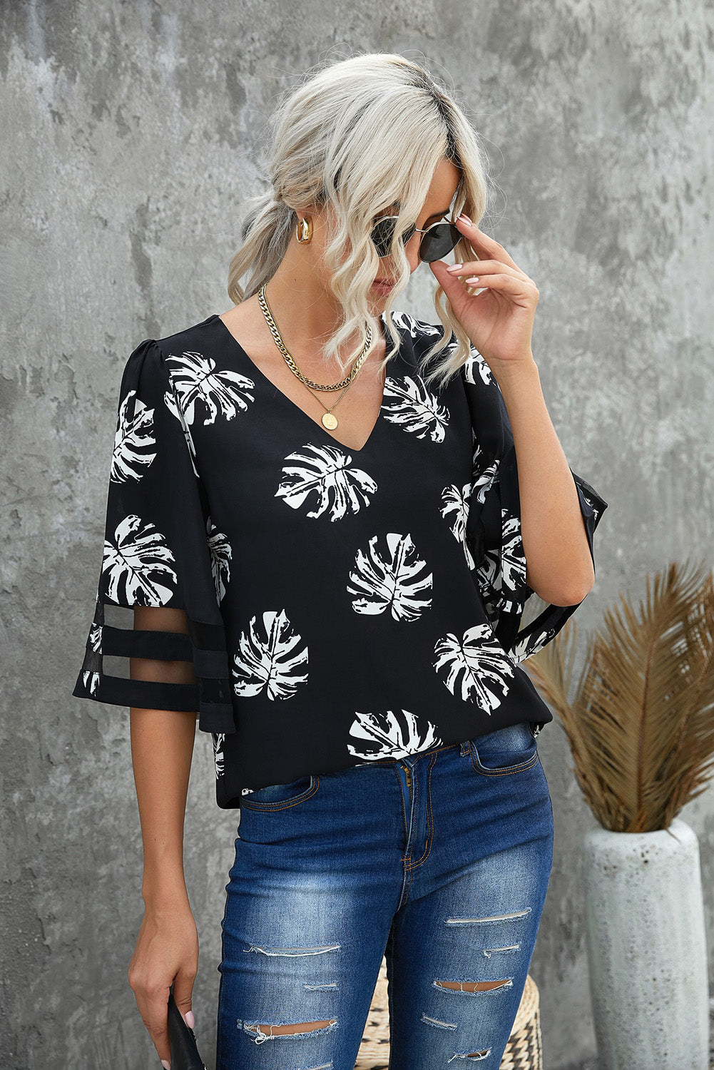 Black V Neck Mesh Splicing Sleeve Palm Leaf Print Top