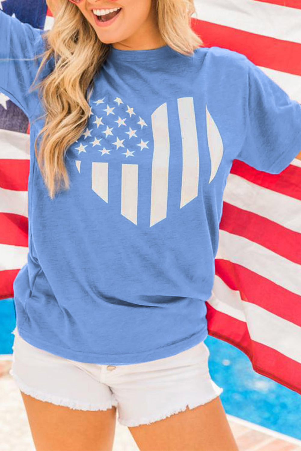 Sky Blue American Flag Heart Print Graphic Tee