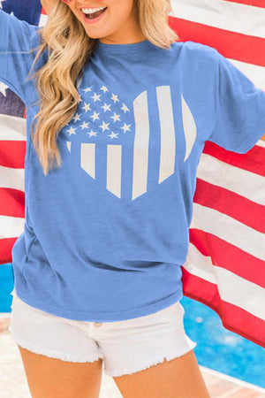 Sky Blue American Flag Heart Print Graphic Tee