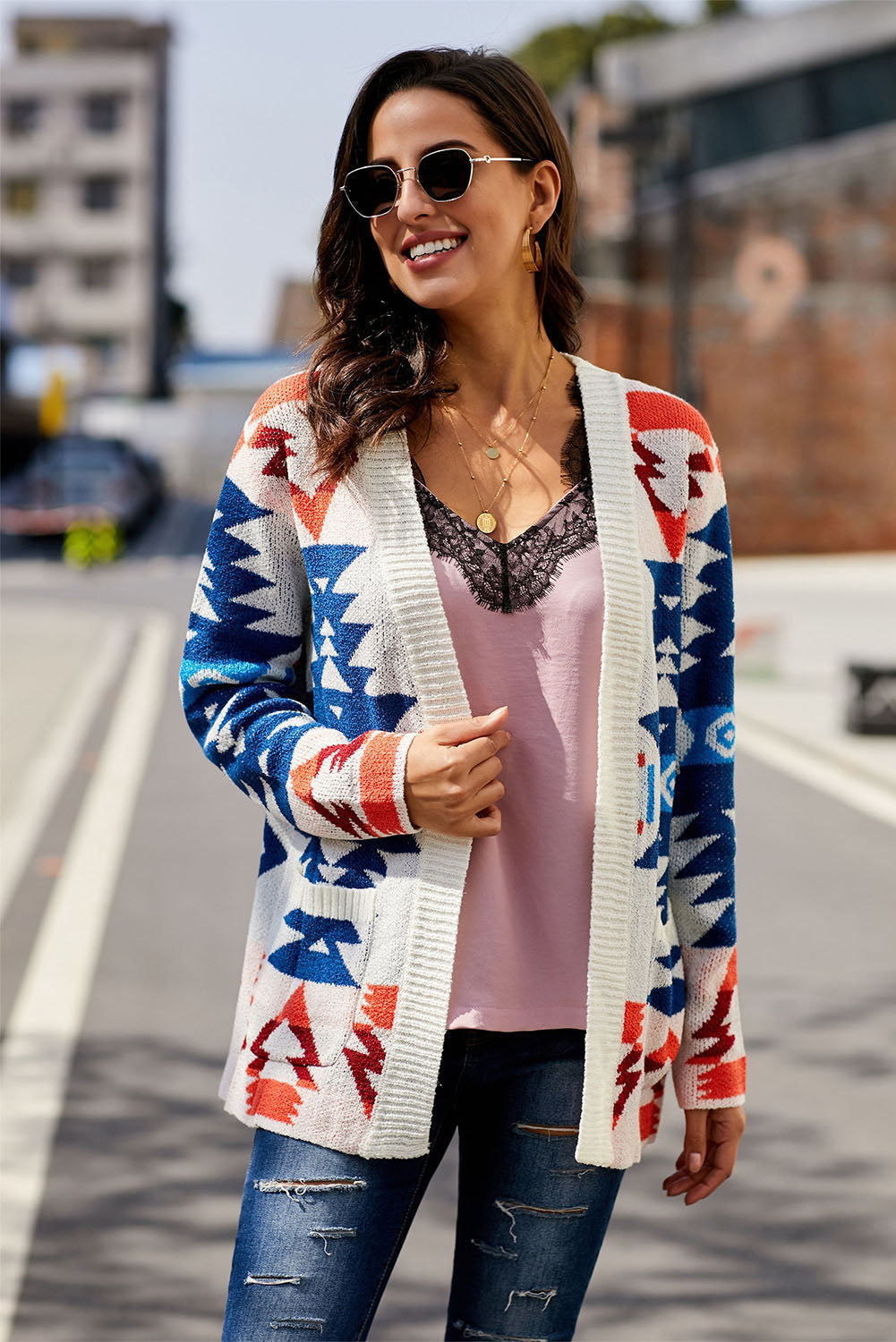 White Moraga Pocketed Aztec Cardigan