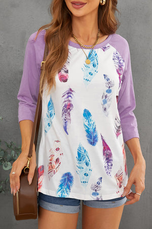 Purple Feather Print 3/4 Raglan Sleeve Top