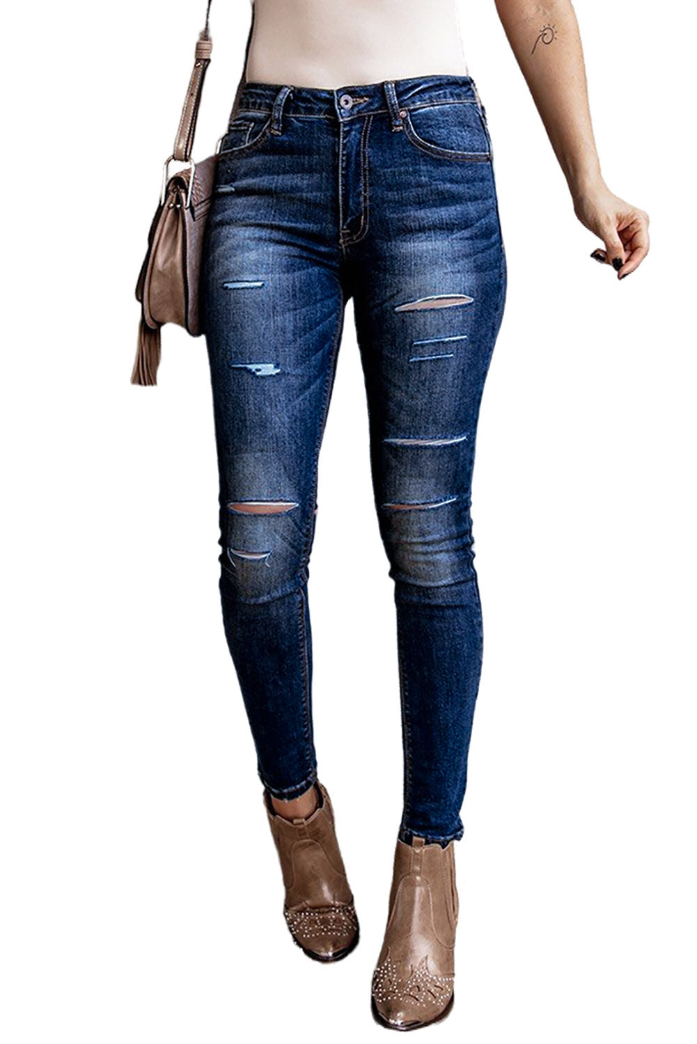 Blue Ripped High Rise Ankle Length Skinny Jeans
