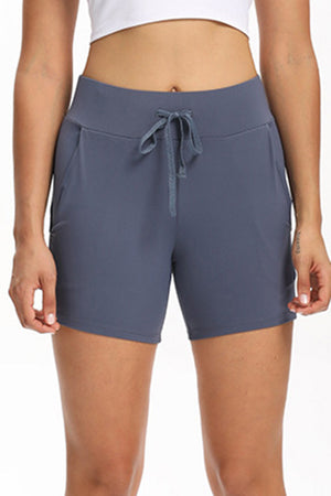 Sky Blue Tie Waist Pocket Slim-fit Yoga Shorts