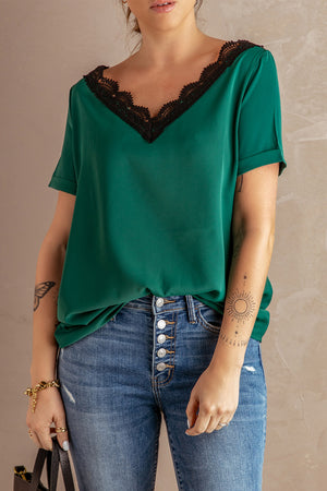 Green Lace V Neck Short Sleeve T-shirt