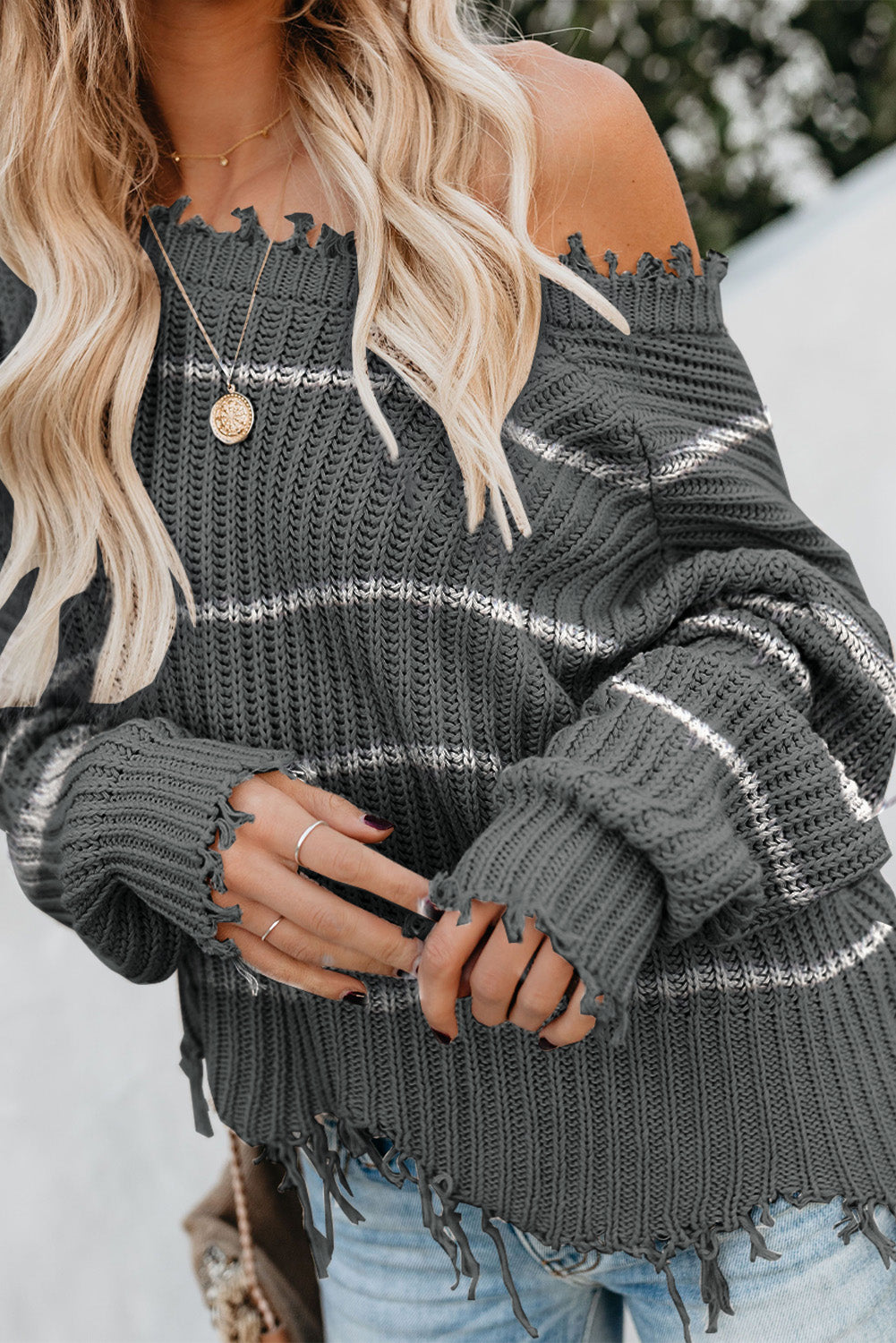 Gray Distressed V Neck Raw Hemline Striped Cropped Sweater