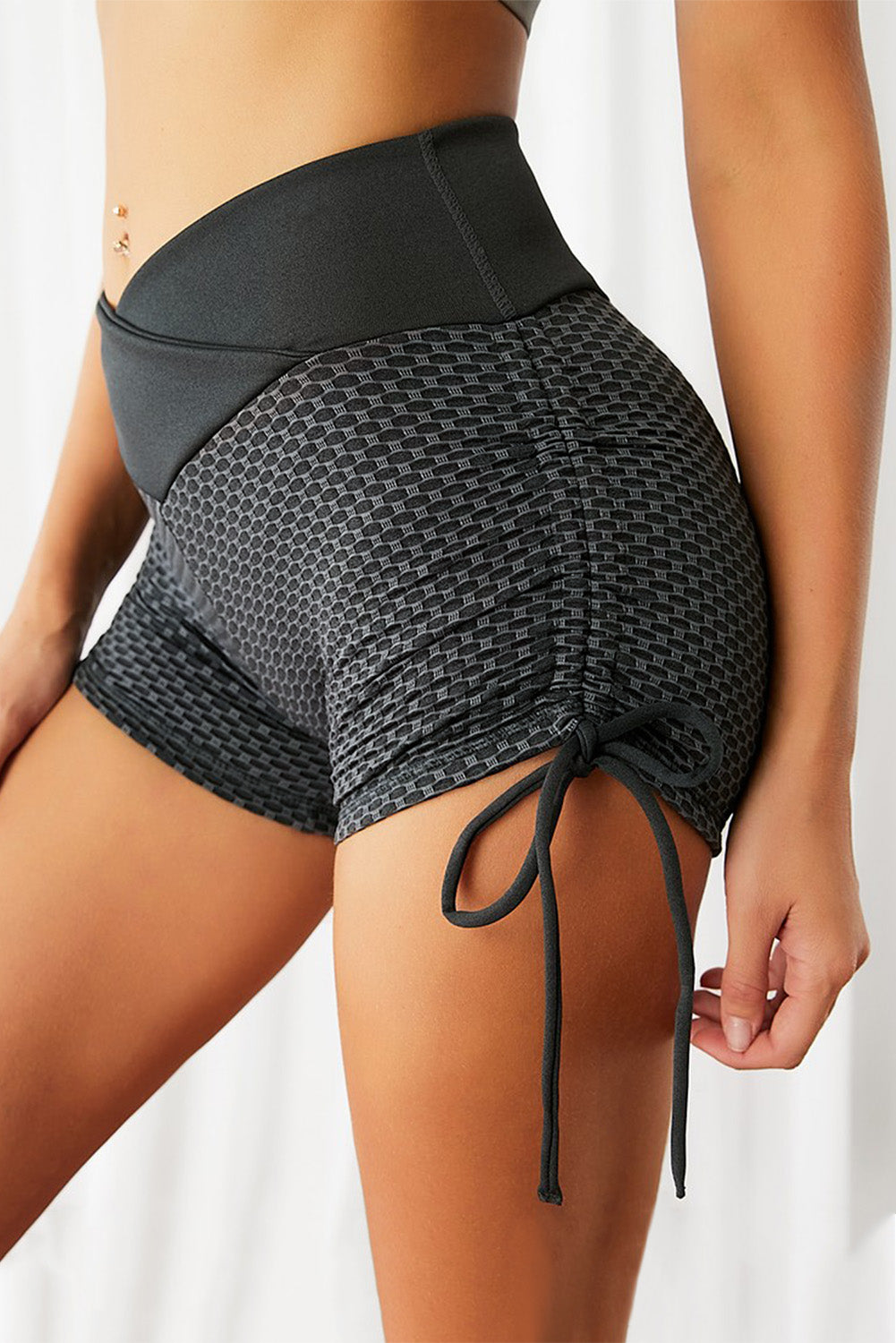 Black Side Drawstring Anti Cellulite High Waist Scrunch Butt Lift Shorts