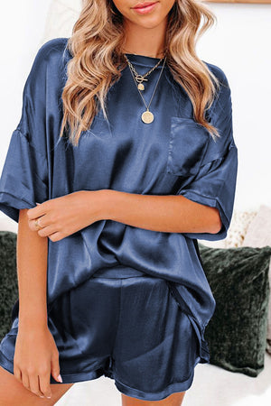 Dark Blue Satin Pocketed Tee and Shorts Lounge Set