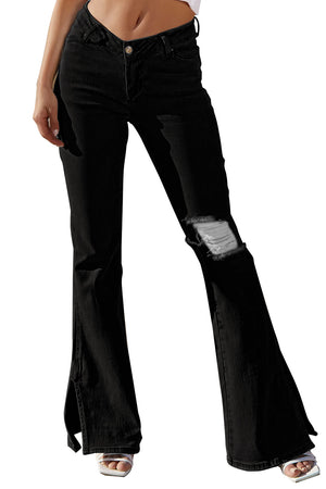 Black Ripped Slit Legs Flare Jeans