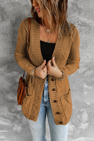 Khaki Front Pocket and Buttons Closure Cardigan