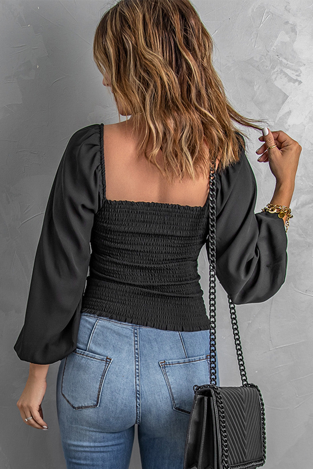 Black Puff Sleeve Smocked Top