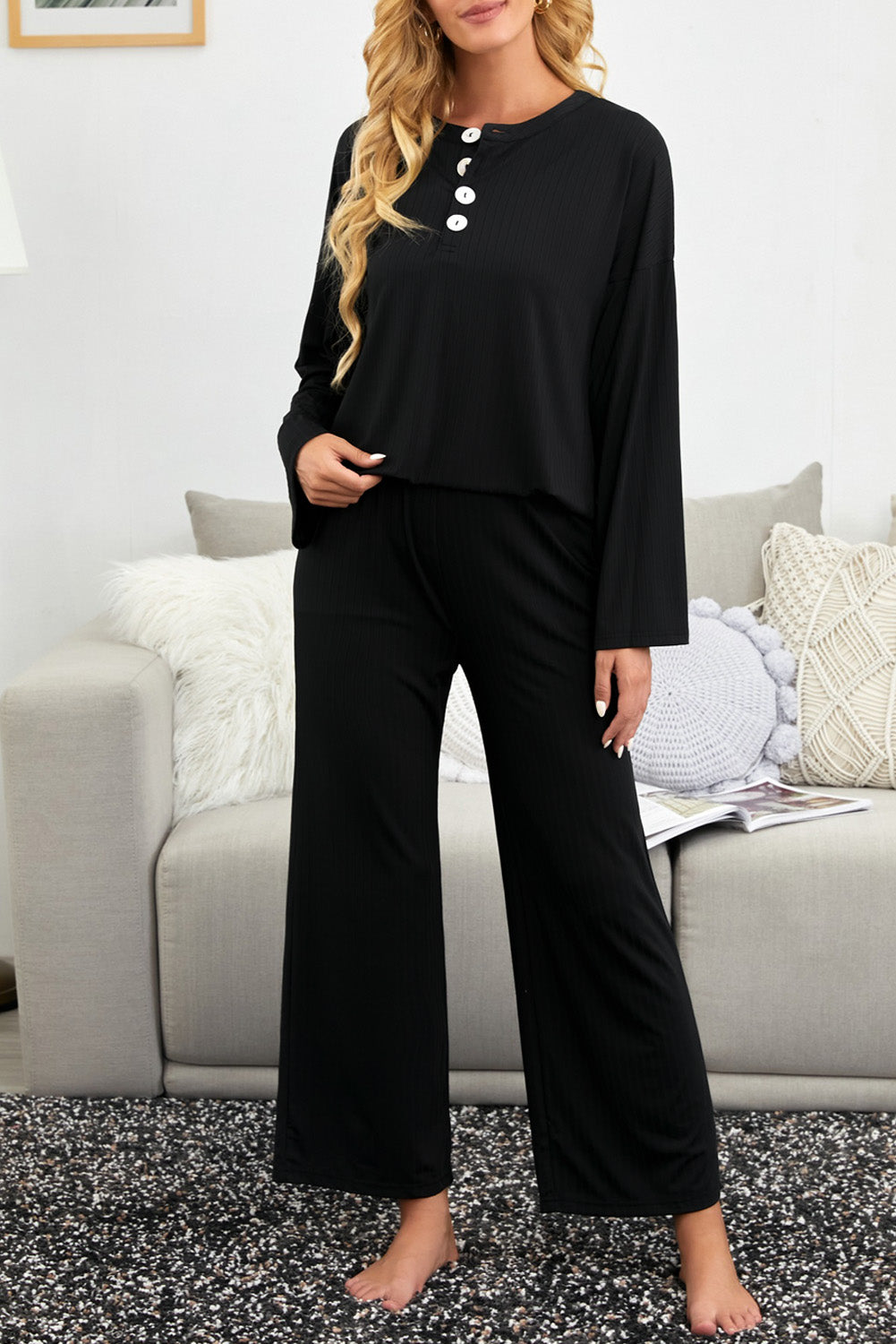 Black Long Sleeve Buttoned Wide Leg Lounge Wear