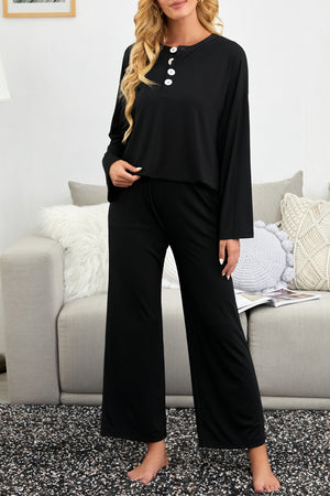 Black Long Sleeve Buttoned Wide Leg Lounge Wear