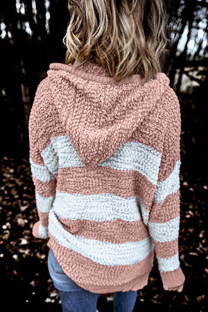 Pink Color Block Side Slit Knitted Hooded Sweater