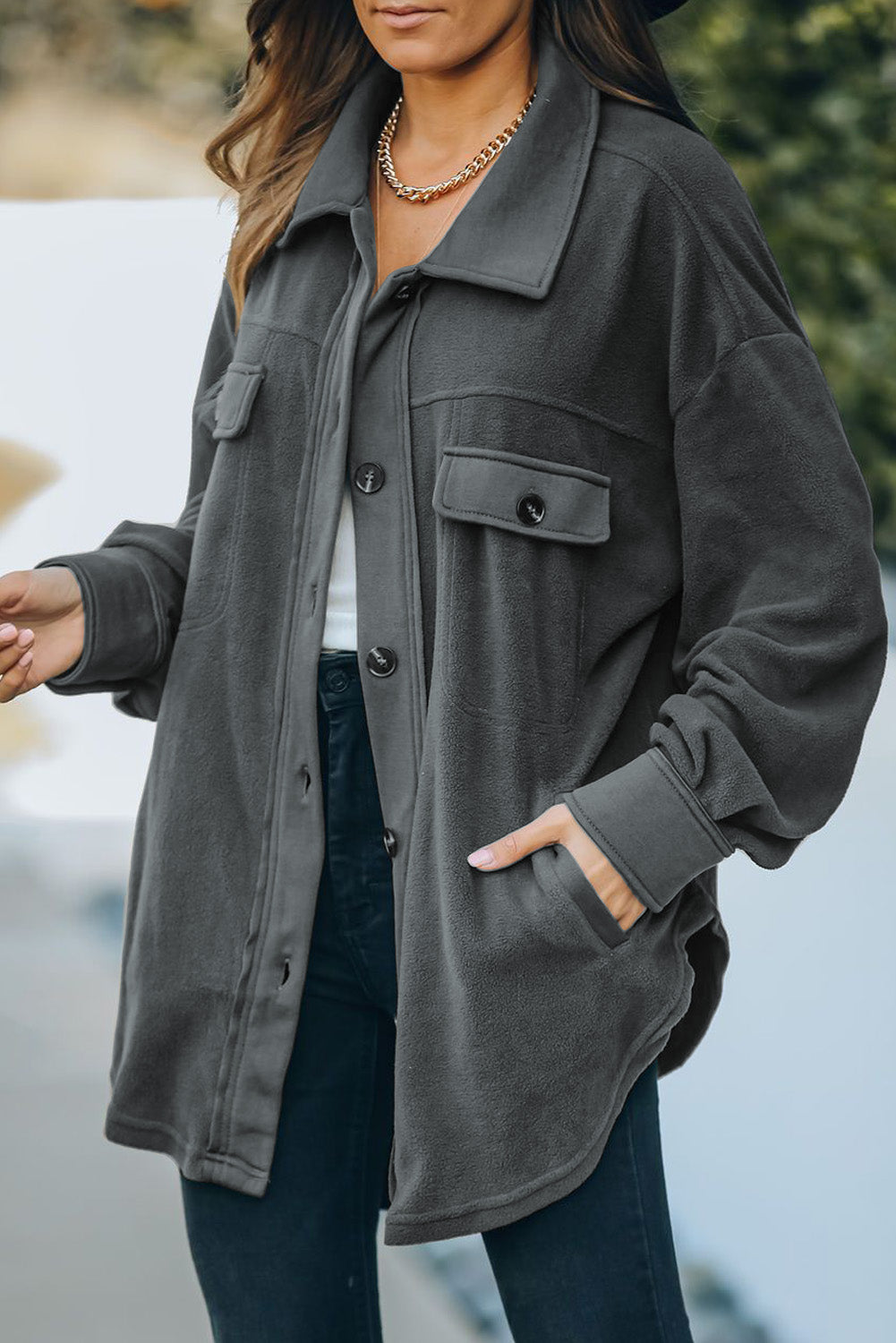 Gray Turn Down Collar Buttoned Shirt Jacket