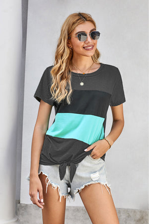 Gray Color Block Panel Front T-shirt with Knot