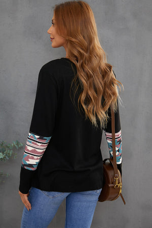 Black Aztec Patchwotk Long Sleeve Top