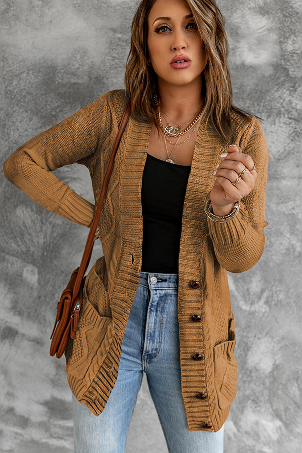 Khaki Front Pocket and Buttons Closure Cardigan