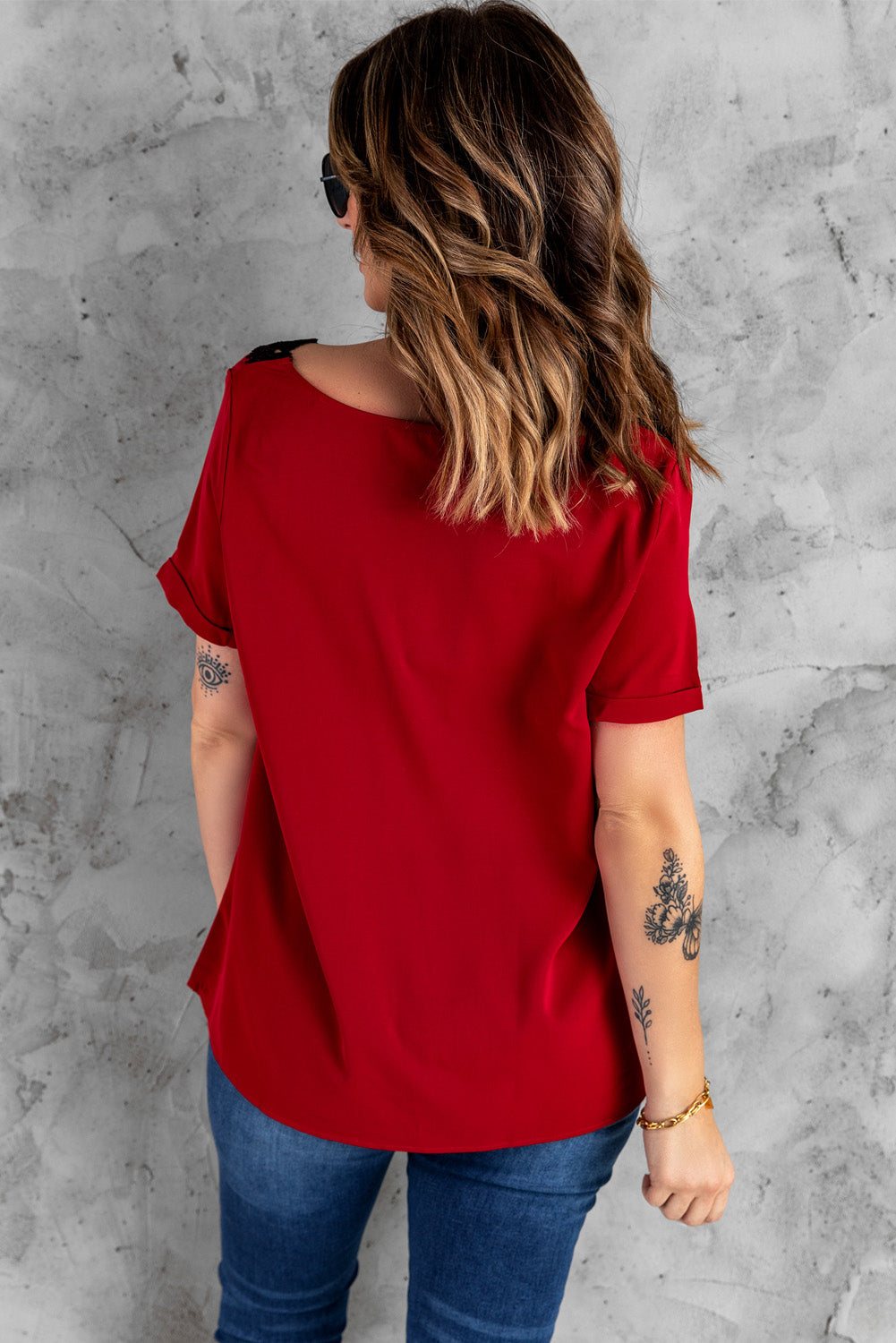 Wine Lace V Neck Short Sleeve T-shirt