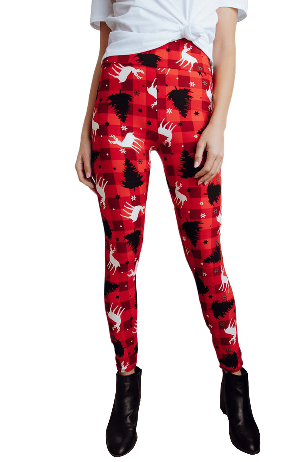 Red Christmas Reindeer Plaid Print Leggings