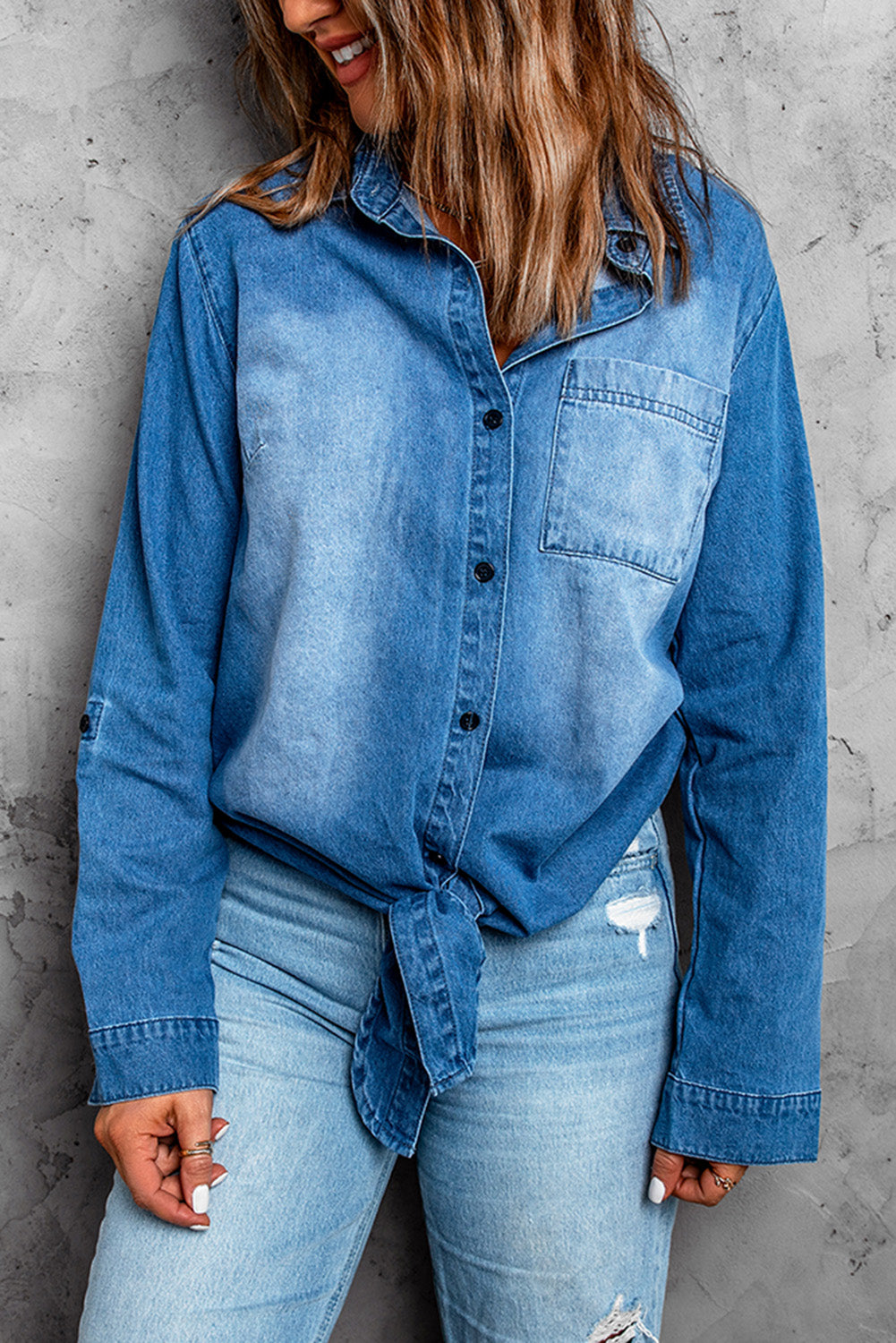 Blue Washed Pocketed Denim Shirt