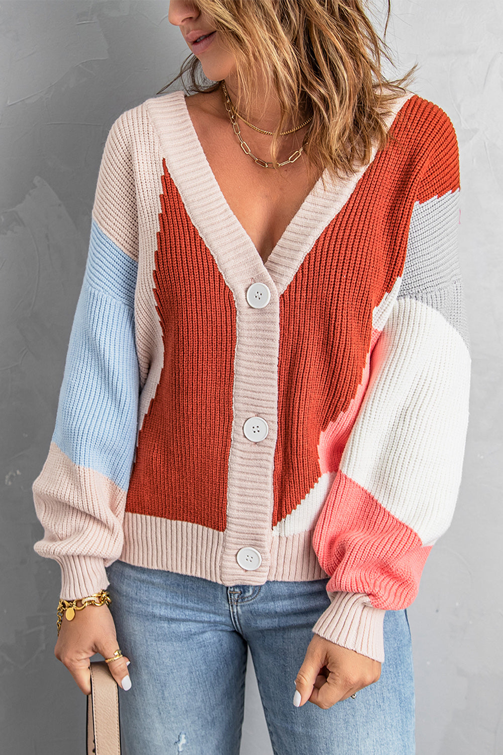 Khaki Color Block Buttons Drop-Shoulder Sleeve Cardigan