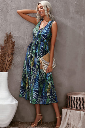 Green Floral Printed V Neck Open Back Sleeveless Maxi Dress