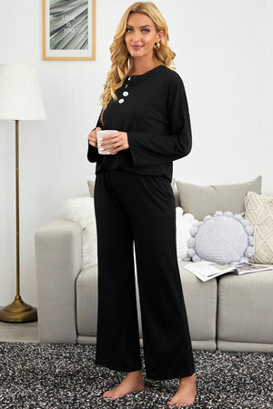 Black Long Sleeve Buttoned Wide Leg Lounge Wear