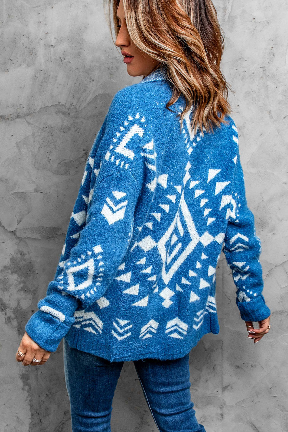 Blue  Aztec print Open Front Knitted Sweater