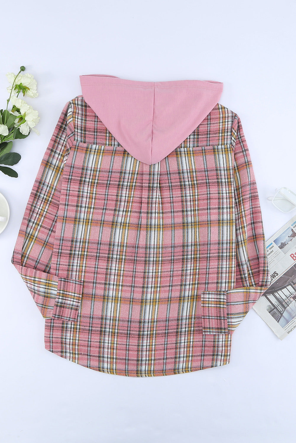 Pink Drawstring Plaid Hooded Shirt Coat