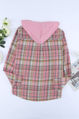Pink Drawstring Plaid Hooded Shirt Coat