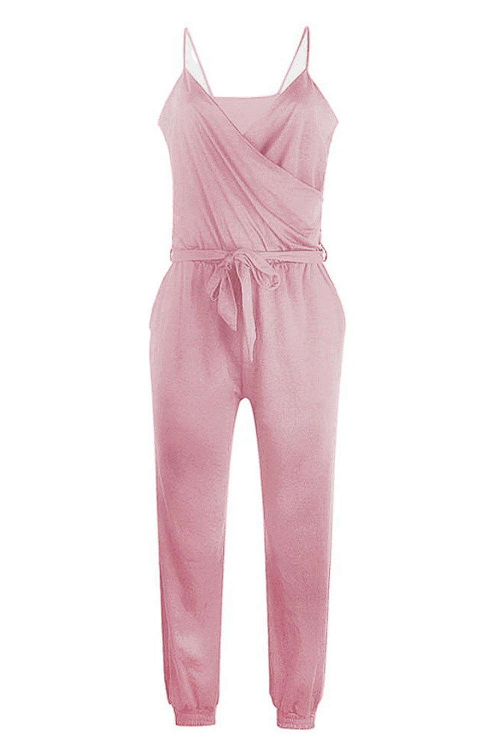 Pink Solid Spaghetti Straps V Neck Wrap Jumpsuit