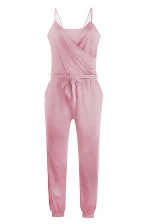 Pink Solid Spaghetti Straps V Neck Wrap Jumpsuit