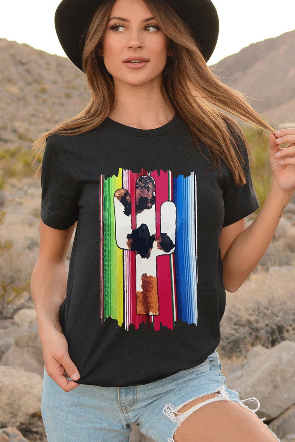 Striped Cow Cactus Print Short Sleeve T-shirt