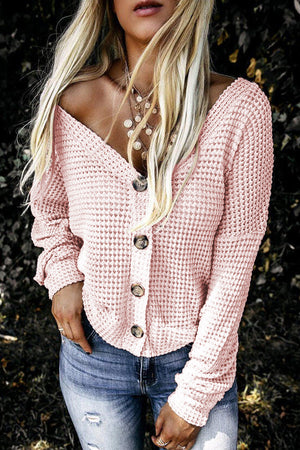 Waffle Knit Buttons V Neck Cardigan