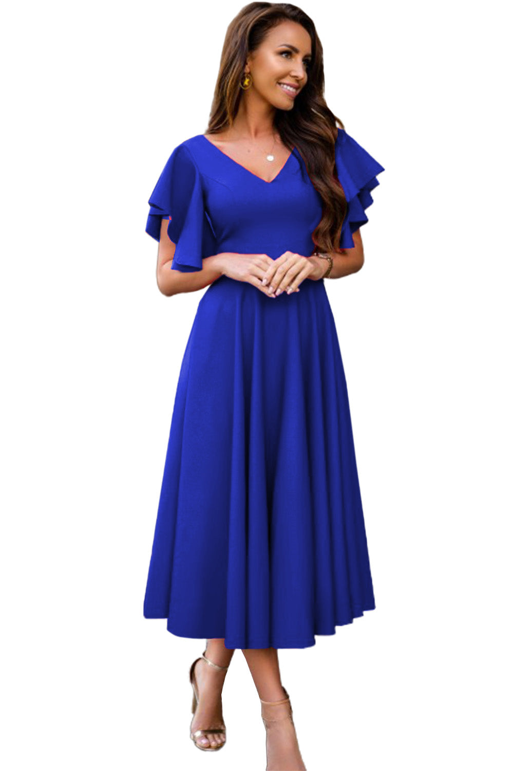 Blue V Neck Ruffled Sleeves Flare Long Dress