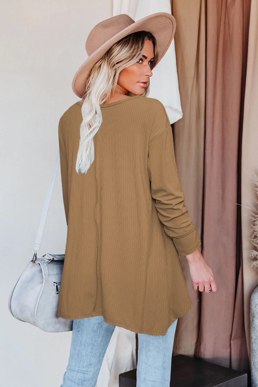 Brown Asymmetric Hemline Long Sleeve Top
