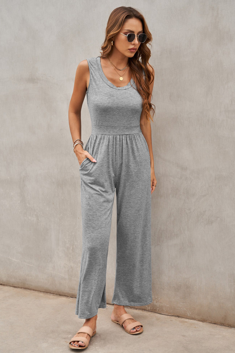 Gray Sleeveless Wide Leg Jumpsuit