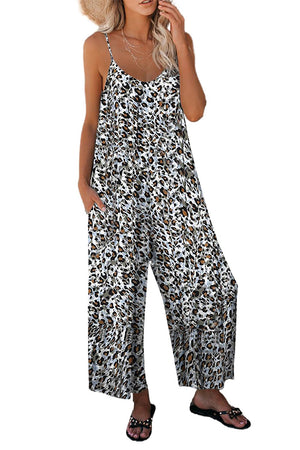 Leopard Palm Leaves Print Spaghetti Strap Wide Leg jumpsuit