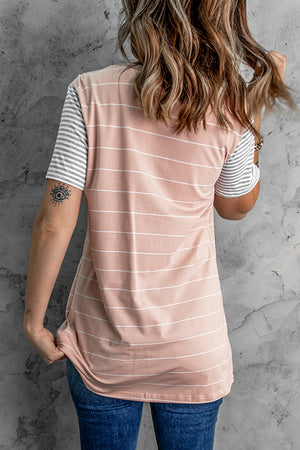 Pink Striped Short Sleeve Contrast Color T-Shirt with Pocket