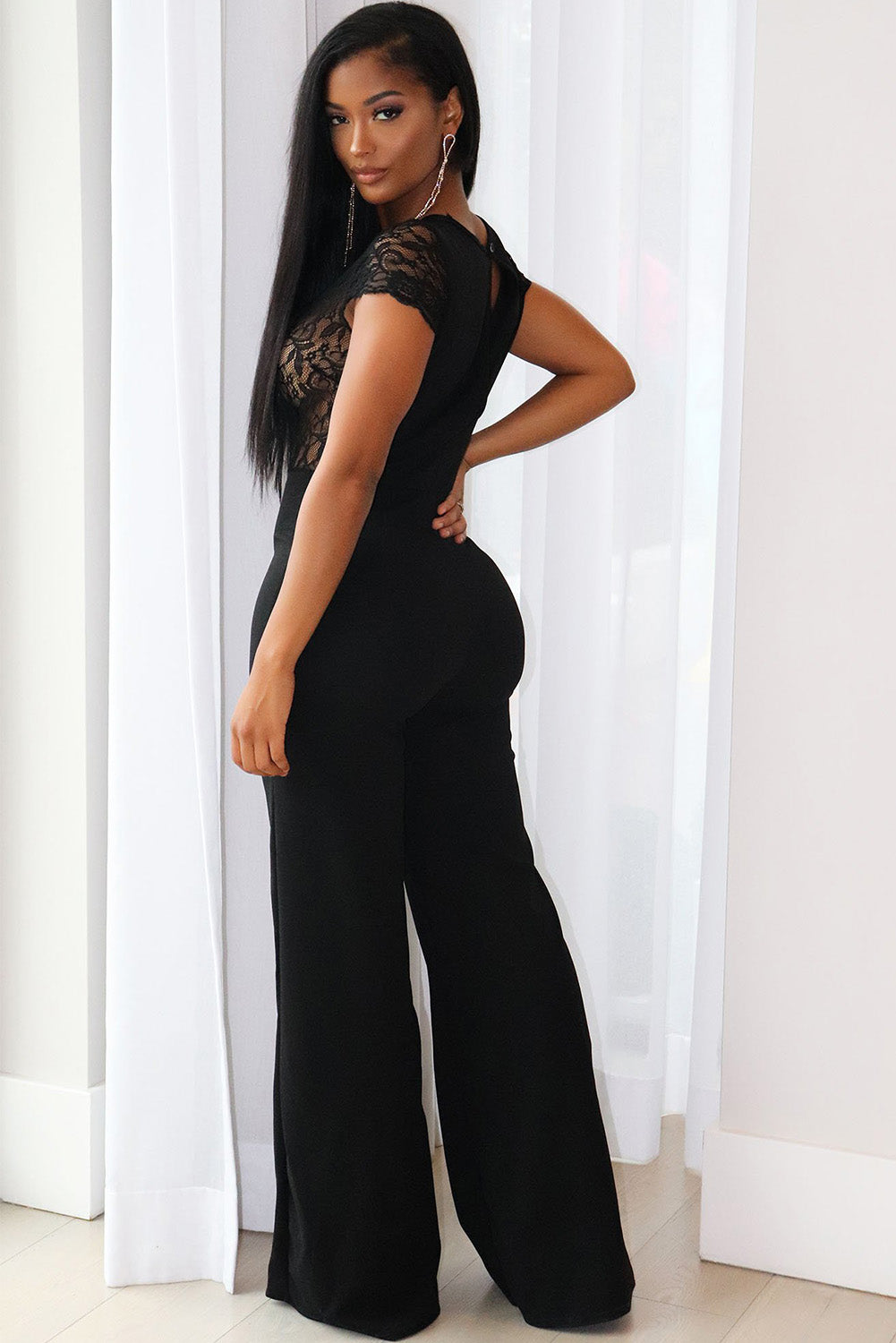 Lace Patchwork V Neck Wide Leg Jumpsuit