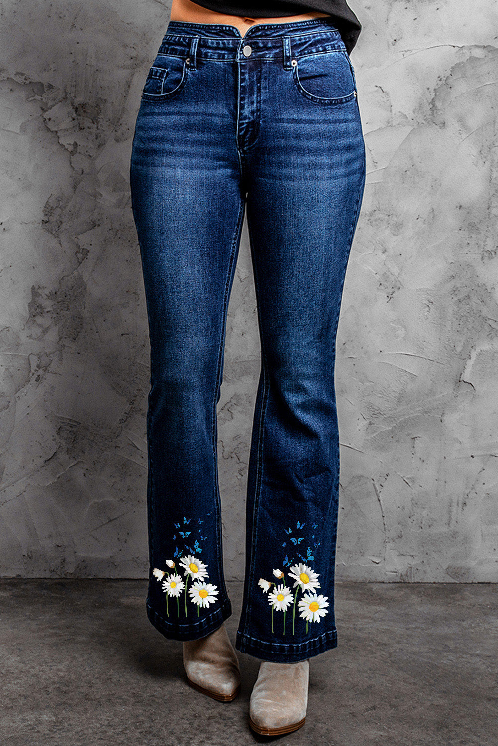 Blue Daisy Print High Waist Flare Jeans