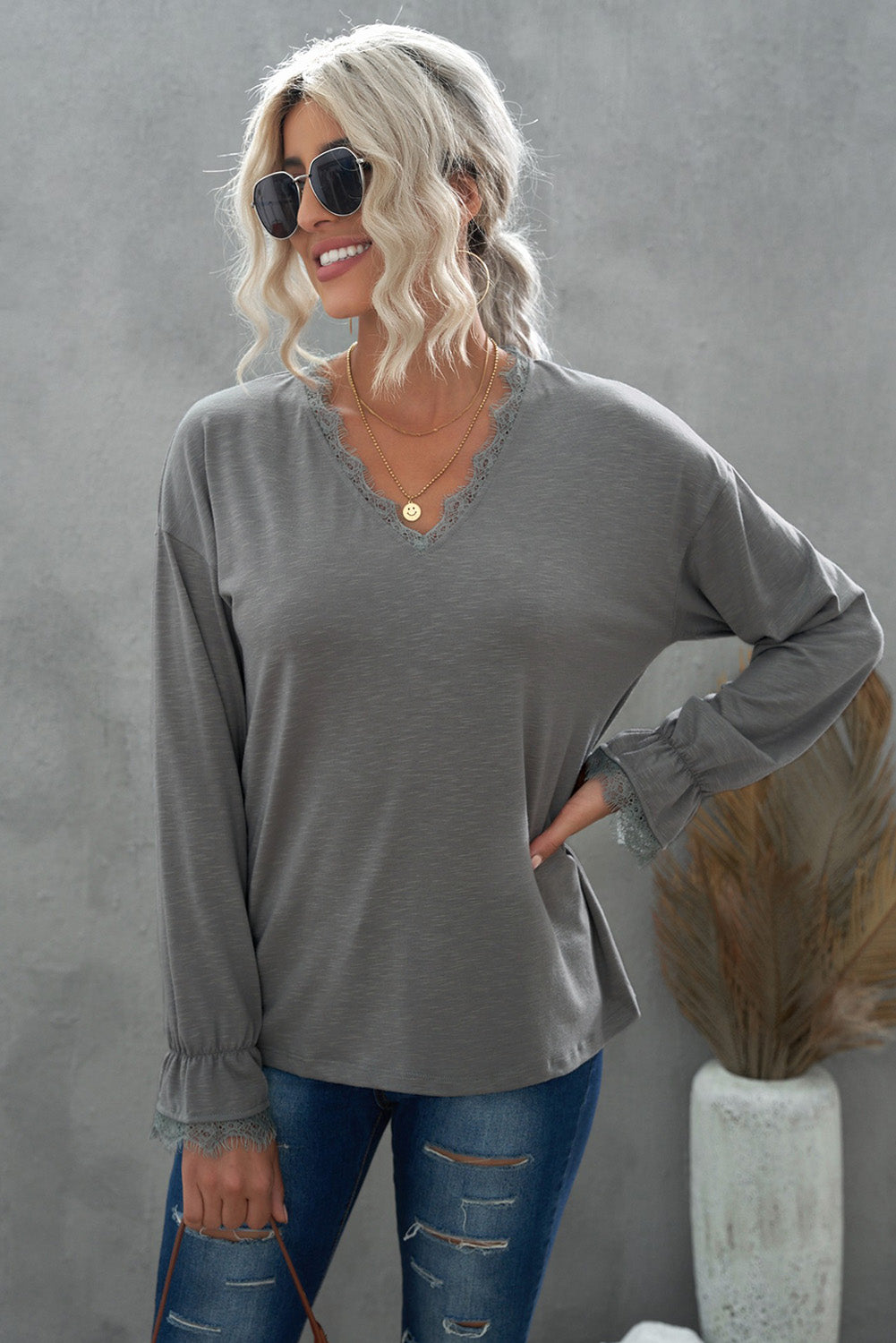 Gray Solid Color Lace V Neck Long Sleeve Top