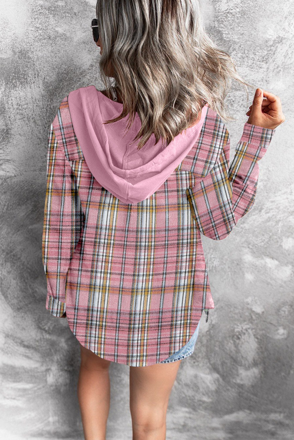 Pink Drawstring Plaid Hooded Shirt Coat