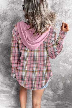Pink Drawstring Plaid Hooded Shirt Coat