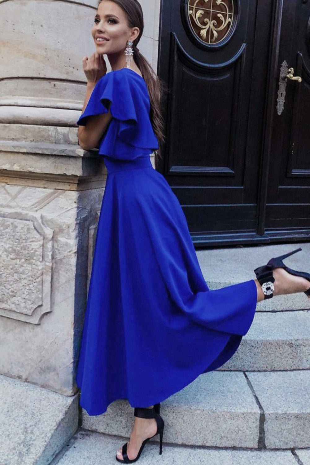 Blue V Neck Ruffled Sleeves Flare Long Dress