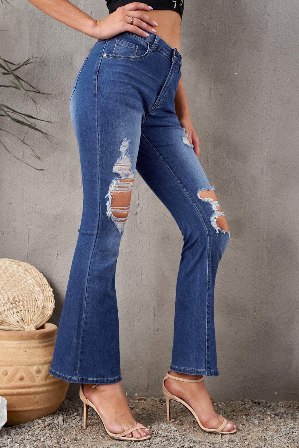Blue Mid Waist Distressed Flared Jeans