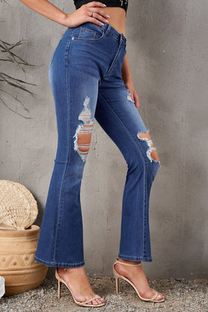 Blue Mid Waist Distressed Flared Jeans