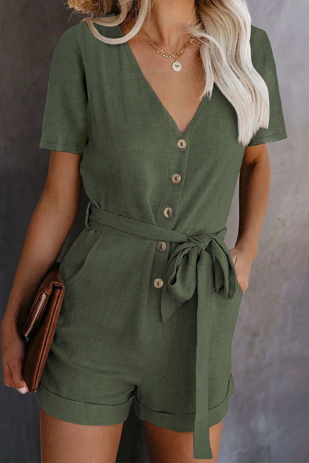 Green V Neck Short Sleeve Buttons Belted Romper with Pockets