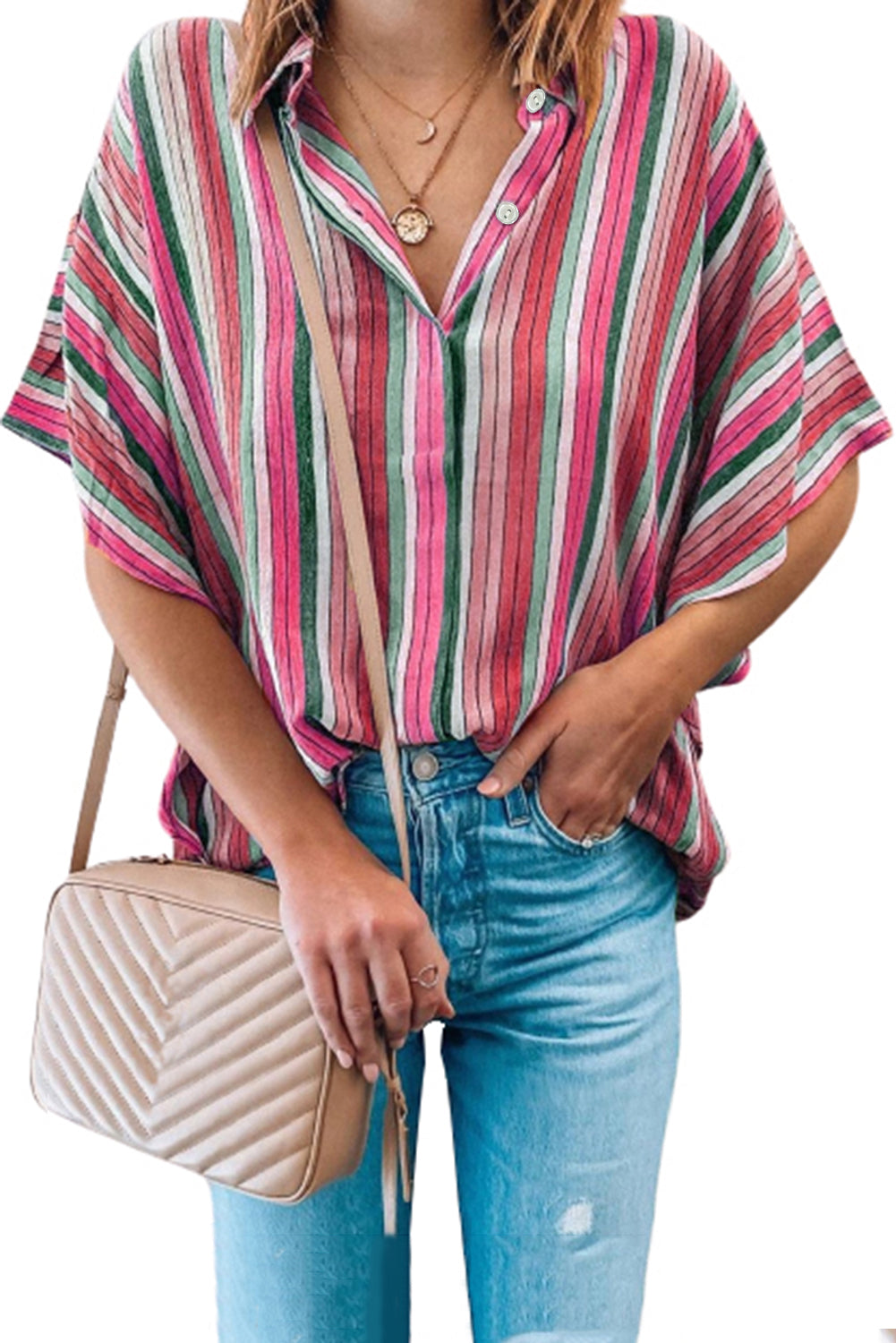 Rose Multi-color Striped Short Sleeve Blouse
